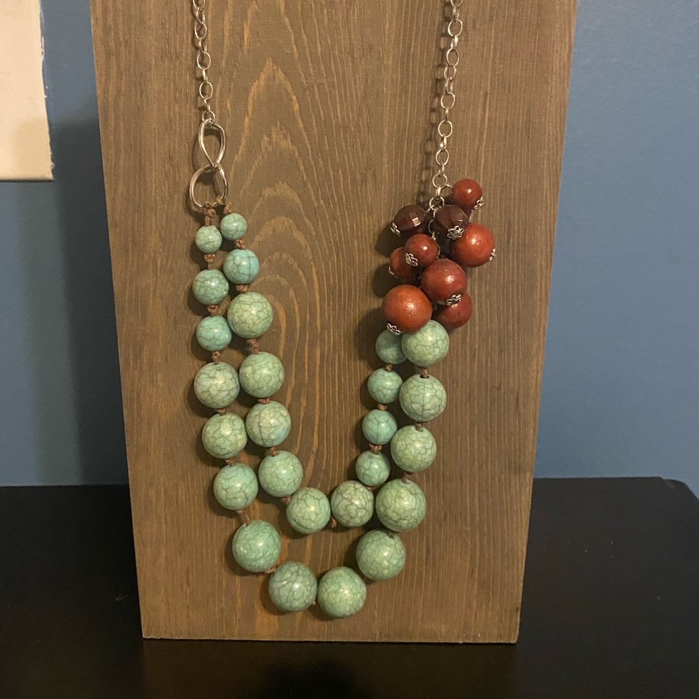 Turquoise and brown beaded statement necklace